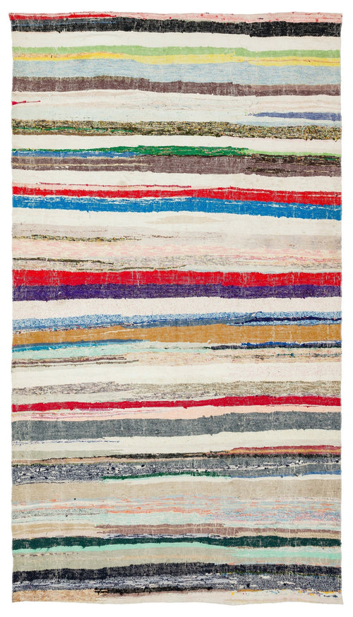 Girit Beige Striped Wool Handmade Area Rug 6'4" x 9'2"