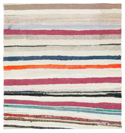 Girit Beige Striped Wool Handmade Area Rug 3'8" x 3'10"