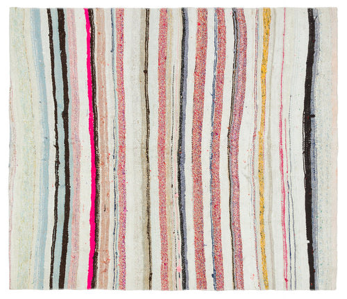 Girit Beige Striped Wool Handmade Area Rug 4'3" x 4'11"