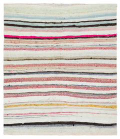 Girit Beige Striped Wool Handmade Area Rug 4'3" x 4'11"