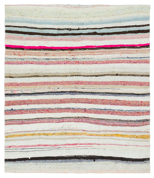 Girit Beige Striped Wool Handmade Area Rug 4'3" x 4'11"