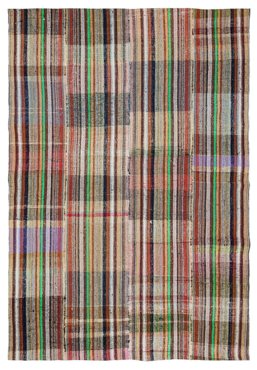 Girit Beige Striped Wool Handmade Area Rug 6'5" x 9'3"
