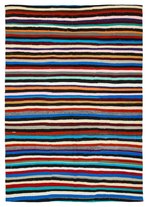 Girit Beige Striped Wool Handmade Area Rug 6'5" x 9'3"