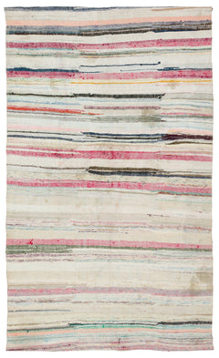 Girit Beige Striped Wool Handmade Area Rug 5'5" x 9'0"