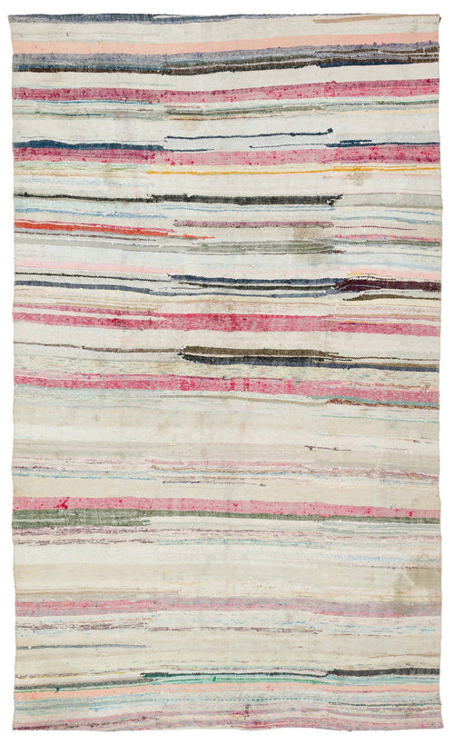 Girit Beige Striped Wool Handmade Area Rug 5'5" x 9'0"