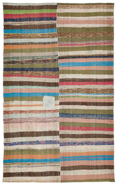 Girit Beige Striped Wool Handmade Area Rug 6'6" x 10'6"