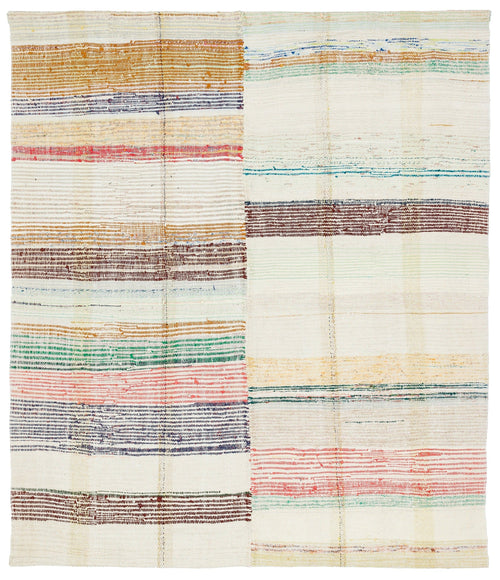 Girit Beige Striped Wool Handmade Area Rug 5'8" x 6'7"