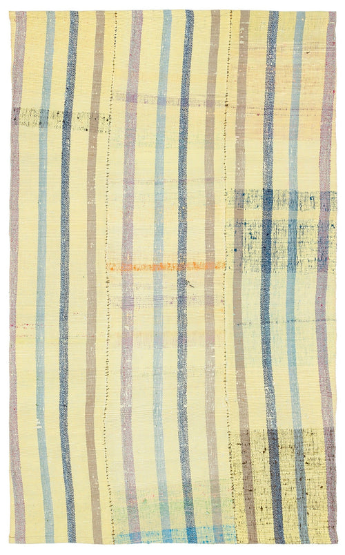 Girit Yellow Striped Wool Handmade Area Rug 4'2" x 6'9"
