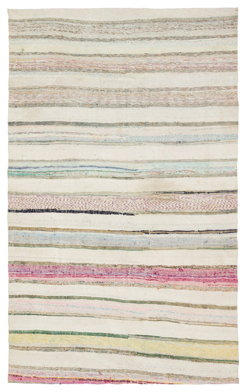 Girit Beige Striped Wool Handmade Area Rug 5'8" x 9'2"