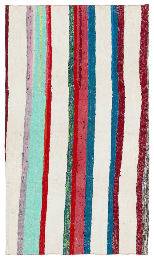 Girit White Striped Wool Handmade Area Rug 3'3" x 5'7"