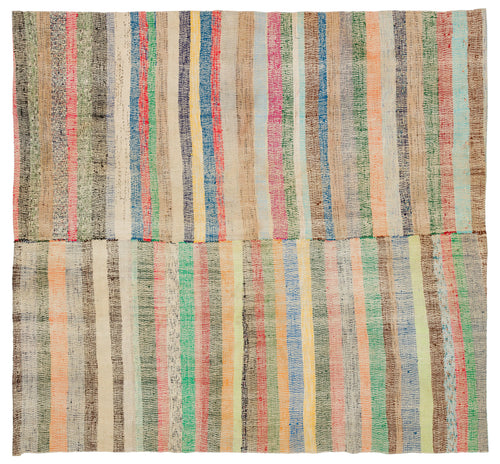 Girit Beige Striped Wool Handmade Area Rug 6'4" x 6'9"