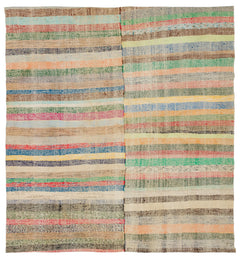 Girit Beige Striped Wool Handmade Area Rug 6'4" x 6'9"