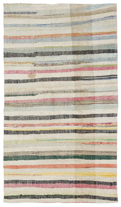 Girit Beige Striped Wool Handmade Area Rug 5'3" x 9'1"
