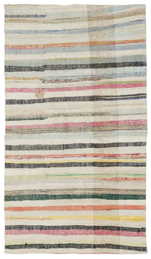 Girit Beige Striped Wool Handmade Area Rug 5'3" x 9'1"