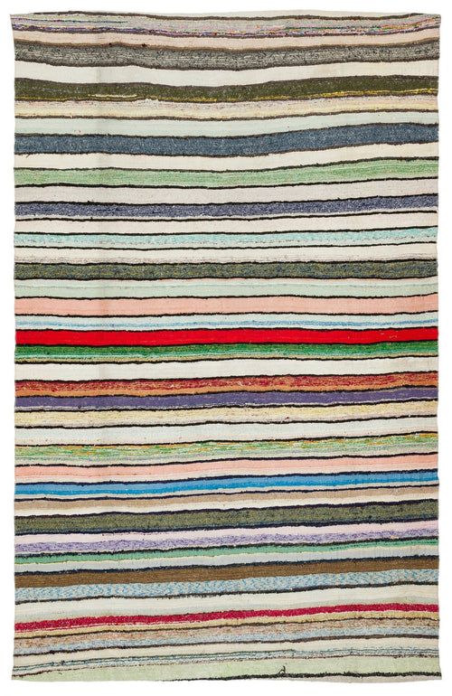 Girit Beige Striped Wool Handmade Area Rug 5'9" x 9'0"