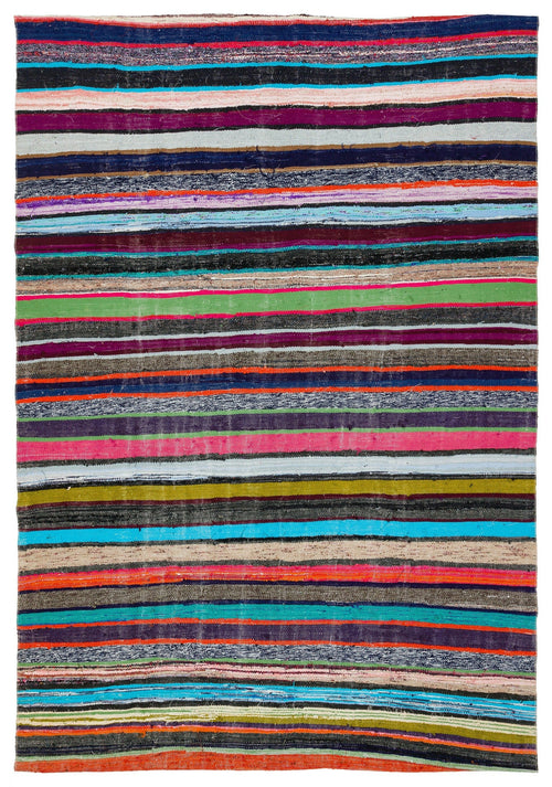 Girit Beige Striped Wool Handmade Area Rug 5'10" x 8'7"