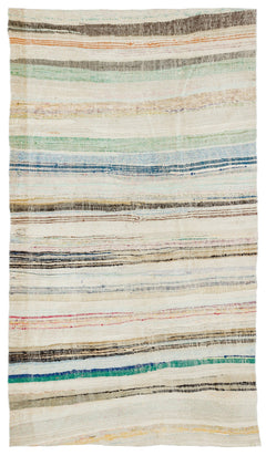 Girit Beige Striped Wool Handmade Area Rug 4'10" x 8'7"