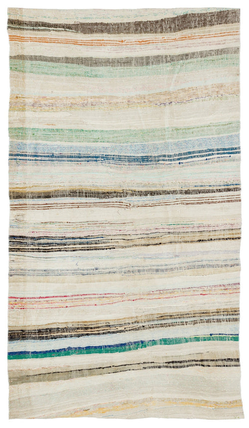Girit Beige Striped Wool Handmade Area Rug 4'10" x 8'7"