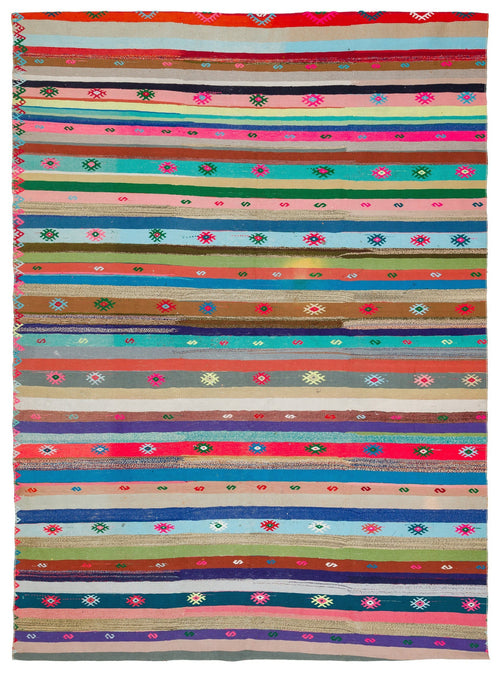 Girit Beige Striped Wool Handmade Area Rug 5'10" x 9'9"