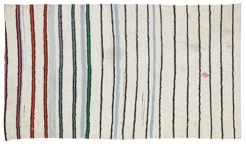 Girit Beige Striped Wool Handmade Area Rug 4'11" x 8'8"