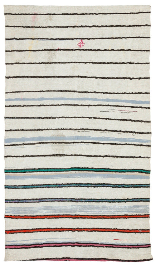 Girit Beige Striped Wool Handmade Area Rug 4'11" x 8'8"