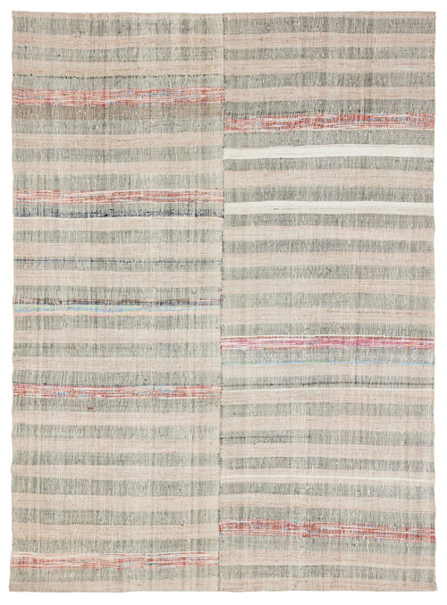 Girit Beige Striped Wool Handmade Area Rug 6'8" x 9'2"