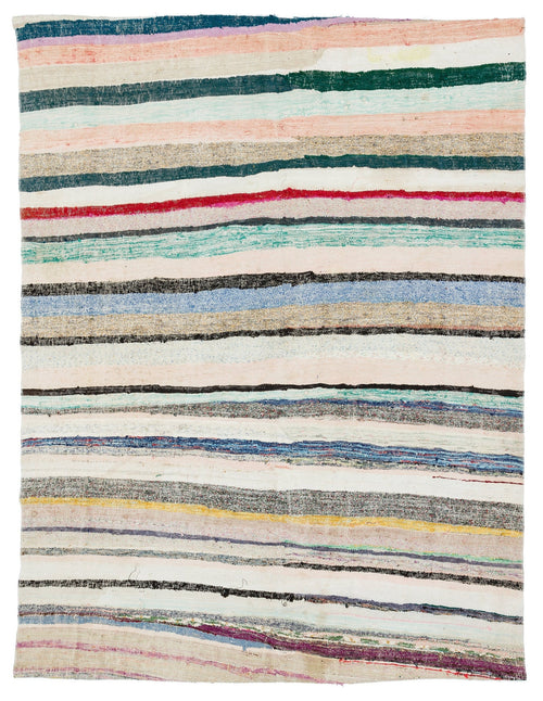 Girit Beige Striped Wool Handmade Area Rug 5'4" x 6'11"