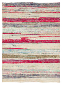 Girit Beige Striped Wool Handmade Area Rug 4'8" x 6'4"