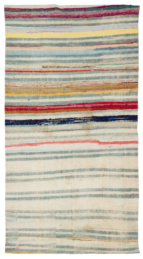 Girit Beige Striped Wool Handmade Area Rug 5'9" x 10'6"