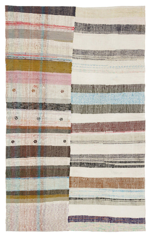 Girit Beige Striped Wool Handmade Area Rug 5'6" x 8'10"