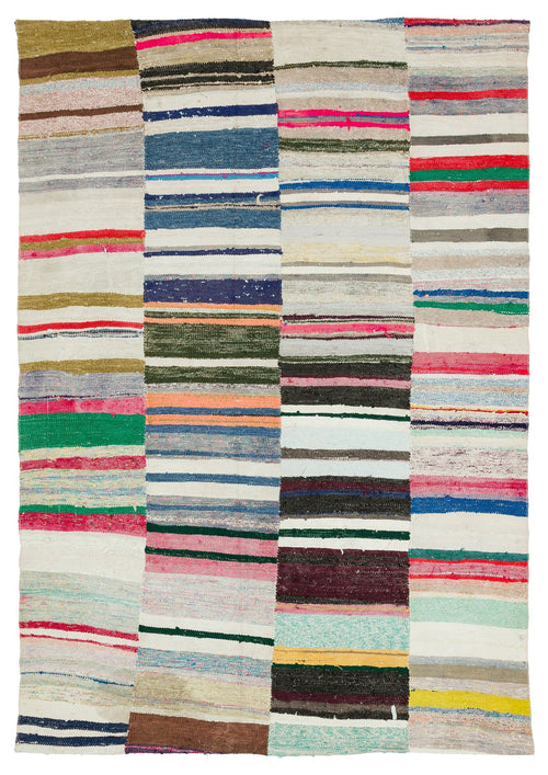 Girit Beige Striped Wool Handmade Area Rug 6'0" x 8'8"