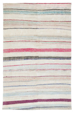 Girit Beige Striped Wool Handmade Area Rug 5'0" x 7'10"