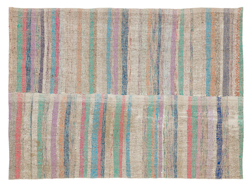 Girit Beige Striped Wool Handmade Area Rug 4'8" x 6'5"