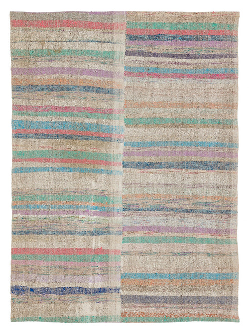 Girit Beige Striped Wool Handmade Area Rug 4'8" x 6'5"