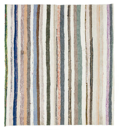 Girit Beige Striped Wool Handmade Area Rug 5'6" x 5'1"