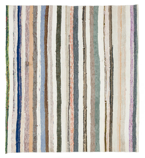 Girit Beige Striped Wool Handmade Area Rug 5'6" x 5'1"