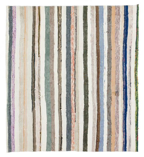 Girit Beige Striped Wool Handmade Area Rug 5'6" x 5'1"