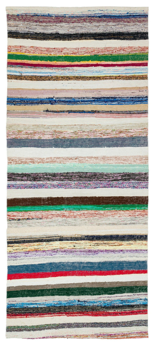 Girit Beige Striped Wool Handmade Area Rug 4'9" x 10'11"