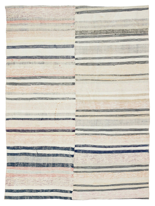 Girit Beige Striped Wool Handmade Area Rug 4'7" x 6'3"