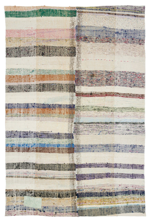 Girit Beige Striped Wool Handmade Area Rug 5'9" x 8'9"