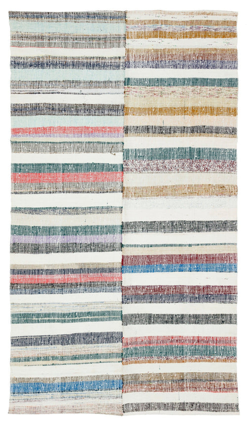 Girit Beige Striped Wool Handmade Area Rug 5'3" x 9'3"