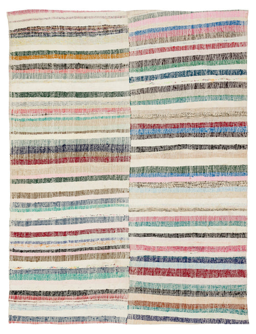 Girit Beige Striped Wool Handmade Area Rug 6'2" x 8'4"