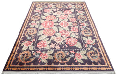 Black Red Floral Rug - Machine Made Cotton Area Rug | Washable Non Slip Carpet