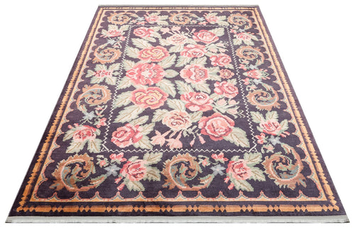 Black Red Floral Rug - Machine Made Cotton Area Rug | Washable Non Slip Carpet