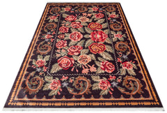 Black Red Floral Rug - Machine Made Cotton Area Rug | Washable Non Slip Carpet