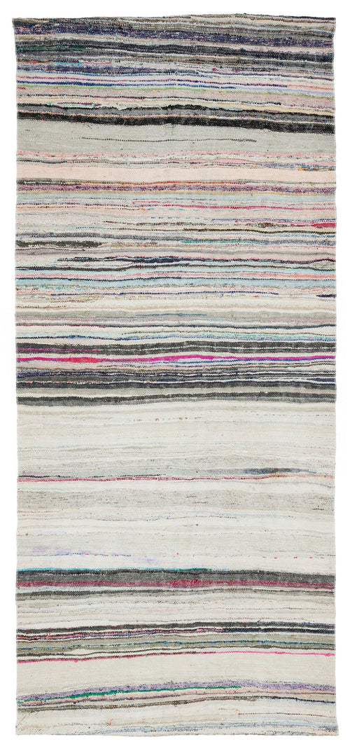 Girit Beige Striped Wool Handmade Area Rug 4'4" x 9'7"