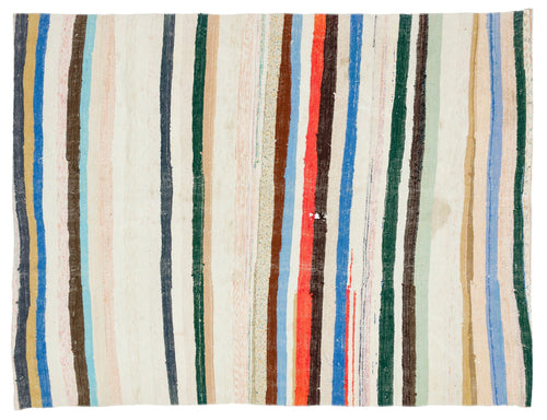 Girit Beige Striped Wool Handmade Area Rug 5'8" x 7'7"