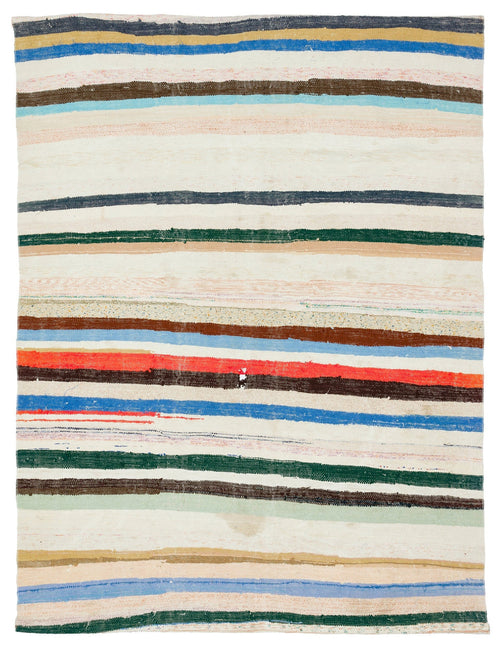Girit Beige Striped Wool Handmade Area Rug 5'8" x 7'7"
