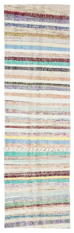 Girit Beige Striped Wool Handmade Area Rug 2'11" x 10'1"