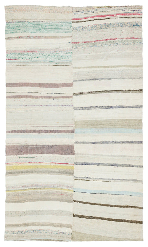 Girit Beige Striped Wool Handmade Area Rug 4'11" x 8'4"
